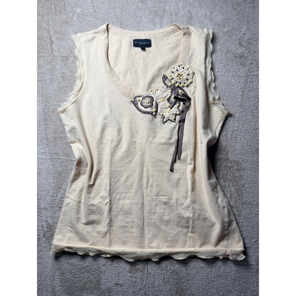 Project Womens Cream Floral Applique Beaded Top Medium Y2K Balletcore Dainty